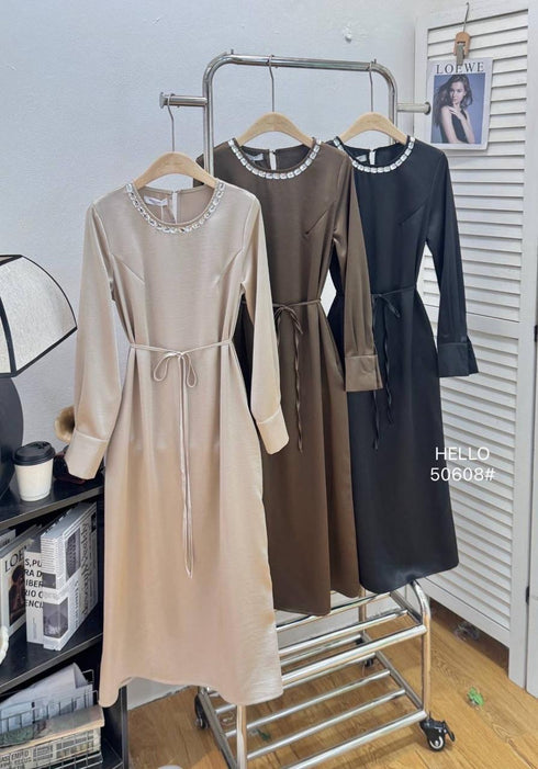 Crystal Decor Long Sleeves Long Satin Dress